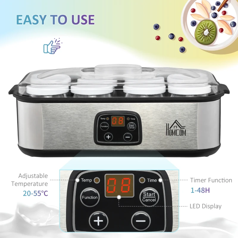 HOMCOM Yoghurt Maker w/ 7 Jars Yougurt Machine with Timer Adjustable Temperature Silver