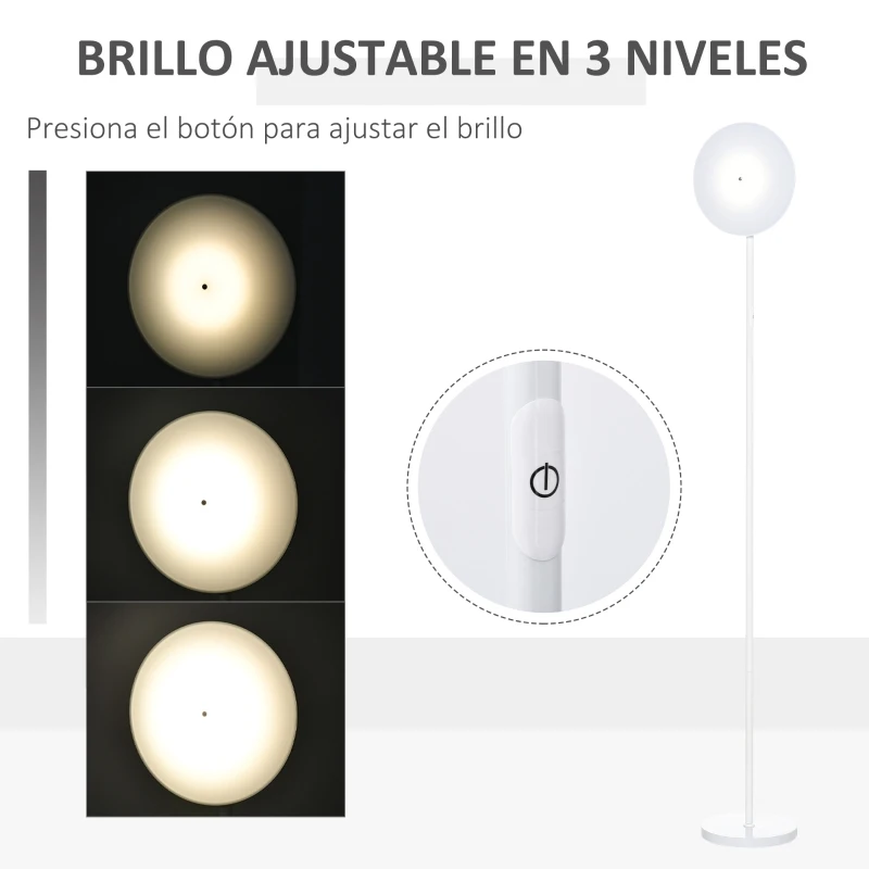 HOMCOM Lámpara de Pie LED 18 W/1800 lm con 3 Color Temperatura Cabezal Giratorio y Base de Metal Lámpara de Lectura Moderna para Salón Dormitorio Ø28x171,5 cm Blanco