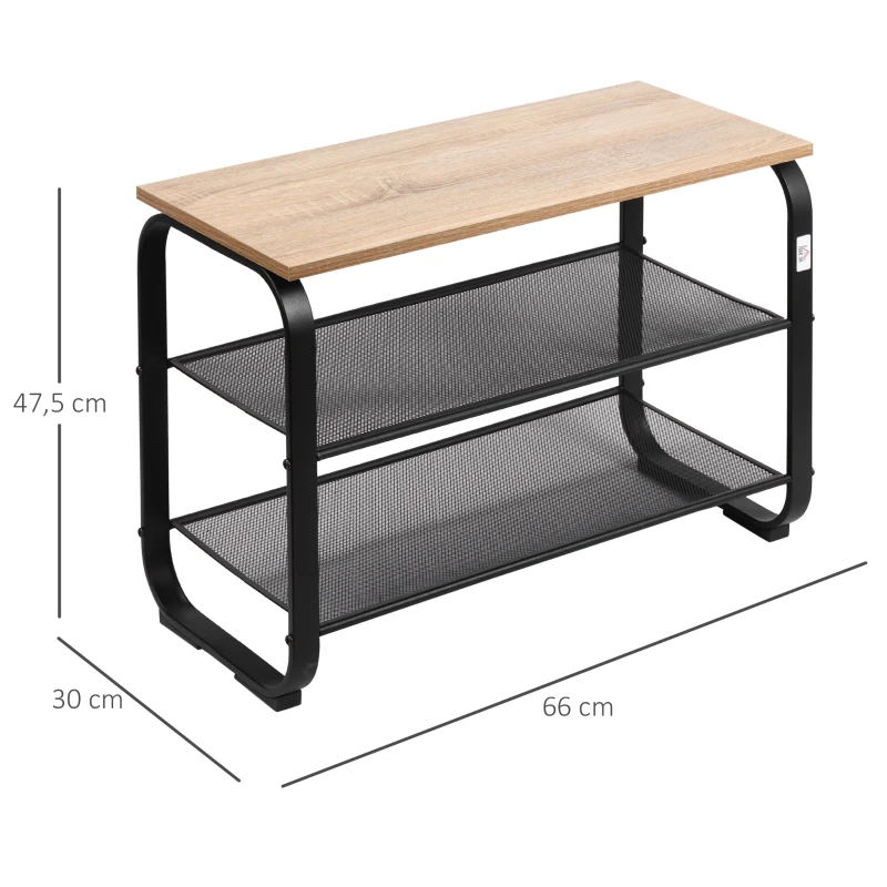 HOMCOM Zapatero Multiusos con 3 Estantes Zapatero de Almacenamiento para 6-9 Pares de Zapatos Mueble con Estructura Metálica para Entrada Recibidor Pasillo 66x30x47,5 cm Roble y Negro