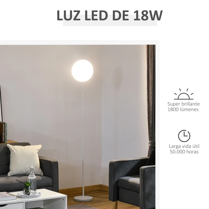 HOMCOM Lámpara de Pie LED 18 W/1800 lm con 3 Color Temperatura Cabezal Giratorio y Base de Metal Lámpara de Lectura Moderna para Salón Dormitorio Ø28x171,5 cm Blanco