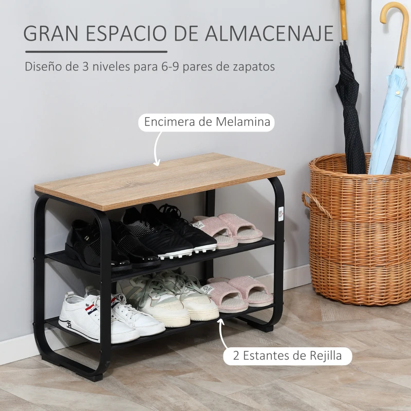 HOMCOM Zapatero Multiusos con 3 Estantes Zapatero de Almacenamiento para 6-9 Pares de Zapatos Mueble con Estructura Metálica para Entrada Recibidor Pasillo 66x30x47,5 cm Roble y Negro