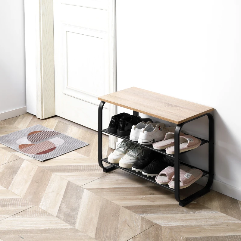 HOMCOM Zapatero Multiusos con 3 Estantes Zapatero de Almacenamiento para 6-9 Pares de Zapatos Mueble con Estructura Metálica para Entrada Recibidor Pasillo 66x30x47,5 cm Roble y Negro