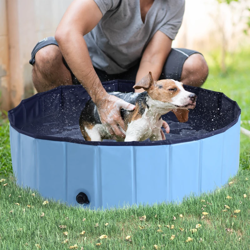 PawHut Foldable Dog Paddling Pool Pet Cat Swimming Pool Indoor/Outdoor Collapsible Summer Bathing Tub Shower Tub Puppy Washer (Φ100 x 30H cm, Blue)