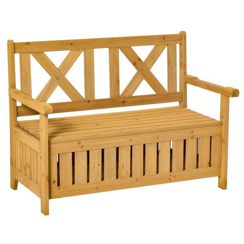 Outsunny Wood Garden Bench 2 Seater Storage Chest Patio Seating with High Back and Armrest