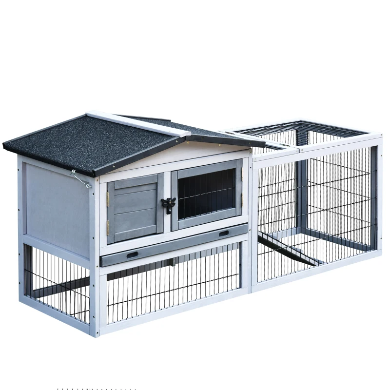 PawHut 2 Level Wooden Rabbit Bunny Guinea Pig Hutch w/ Outdoor Run Water Resistant Roof Pull out Tray Ramp 150 x 52.5 x 68 cm