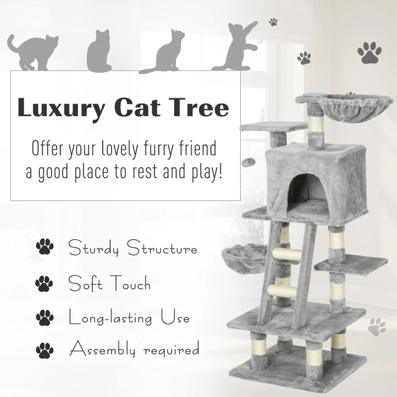 PawHut 125cm Plush Cat Tree Activity Center Sisal Rope Scratching Posts Hanging Ball Basket Perch Condo Grey