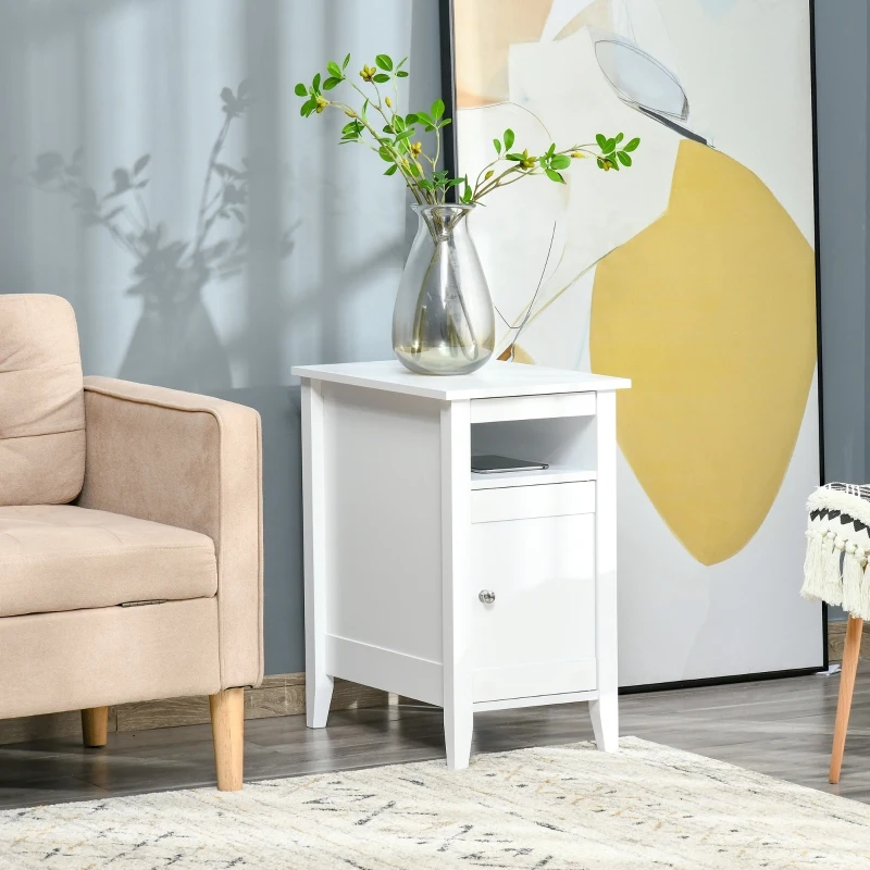 HOMCOM Modern Side Table with 1 Drawer 1 Shelf 1 Door Cabinet, Elegant End Desk with Movable Partition for Living Room Bedroom Dorm, White