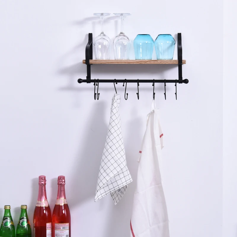 HOMCOM 21x48cm On-Wall Shelf & Rail 8 Hook Unit Metal Frame Wood Board Storage Display Organisation Home Bedroom Hallway Furniture Water-Resistant Natural Finish