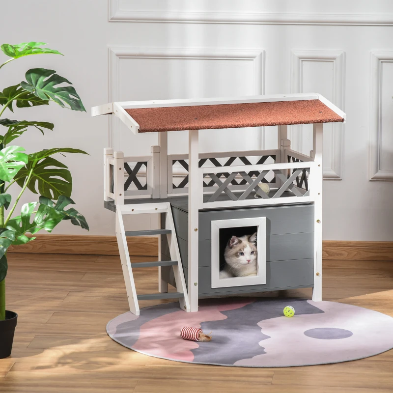 PawHut Wooden Cat House Outdoor Luxury Room Weatherproof Shelter White