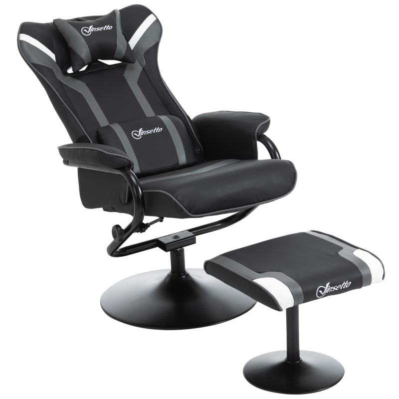 Vinsetto 2 Pieces Gaming Style Recliner and Ottoman Set with Removable Headrest and Lumbar Support, Ergonomic Tilt Function, Round Base, Metal Frame, for Home, Office, Dorm, Black and Grey