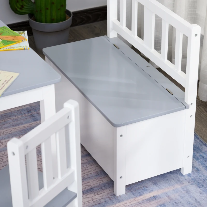 HOMCOM 4-Piece Kids Table and Chair Set with 2 Wooden Chairs, 1 Storage Bench, and Interesting Modern Design, Grey/White