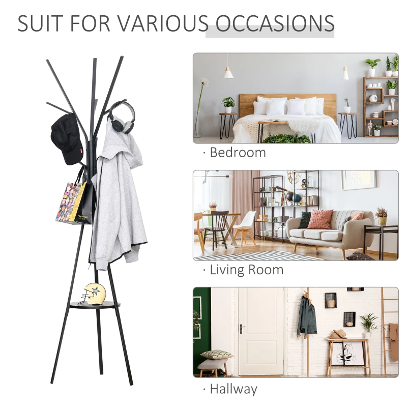 HOMCOM 180cm Free Standing Metal Coat Rack Stand 9 Hooks Clothes Tree with 1 Shelf Hat Display Hall Tree Hanger Bag Umbrella Hanging Organiser for Hallway Bedroom Waiting Room Living Room (Black)