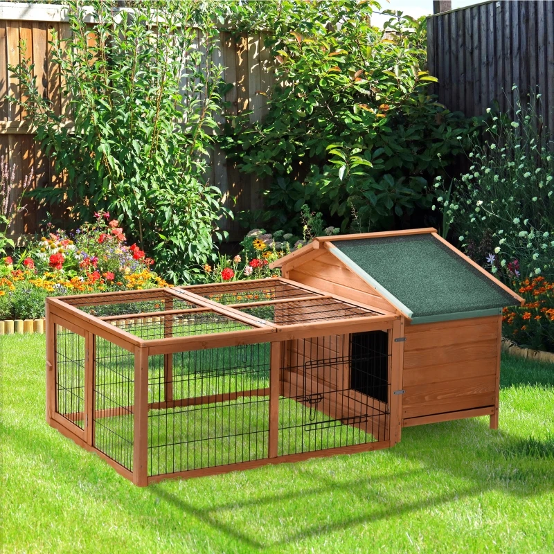 PawHut Wooden Rabbit Guinea Pig Hutch Detachable Pet House Animal Cage with Openable Run & Roof Lockable Door Slide-out Tray 146 x 95 x 69cm