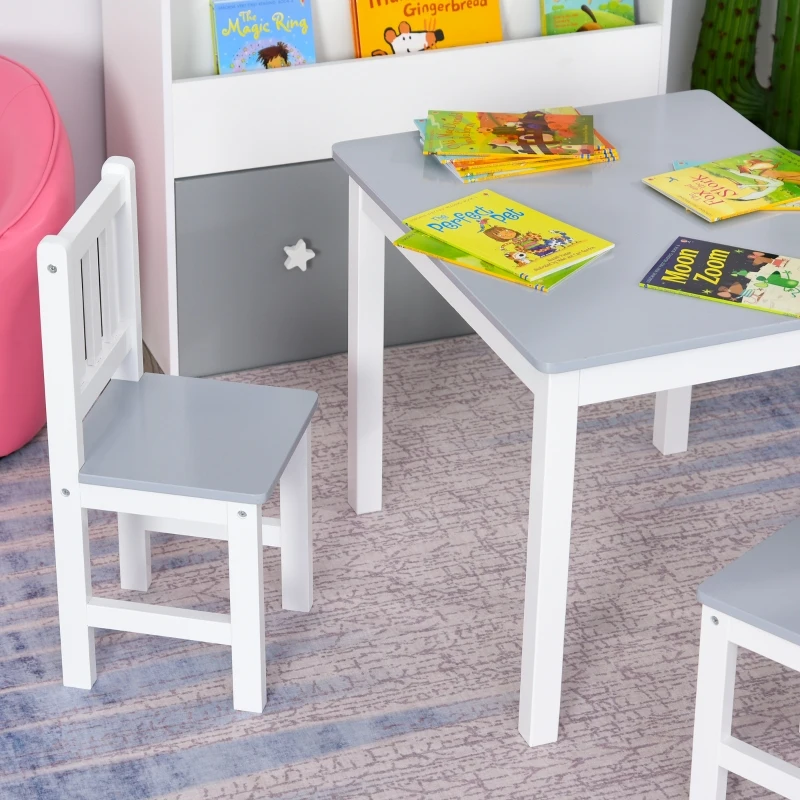 HOMCOM 4-Piece Kids Table and Chair Set with 2 Wooden Chairs, 1 Storage Bench, and Interesting Modern Design, Grey/White
