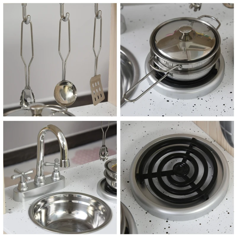 HOMCOM Kids Wooden Pretend Play Toy Kitchen Cooking Set Role Play Phone for Boys Girls White