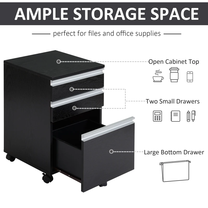 HOMCOM 3-Drawer Mobile File Cabinet Office Filing Cabinet Rolling End Organizer Dark Wood Grain