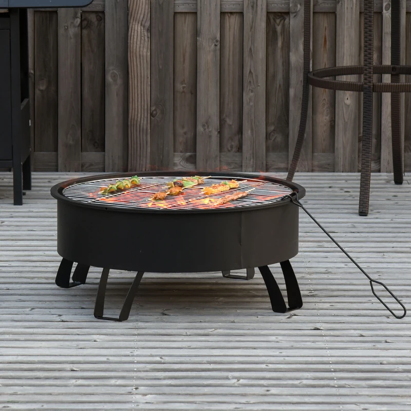 Outsunny 2-in-1 Outdoor Fire Pit with Cooking Grate Steel BBQ Grill Firepit Bowl with Spark Screen Cover, Fire Poker for Backyard Bonfire Patio