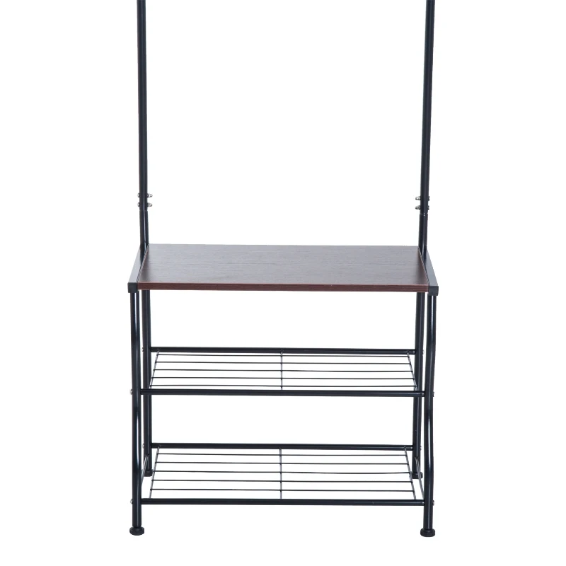 HOMCOM Entryway Multipurpose Metal Cloth Stand 3 Tier Shoe Rack w/ 5 Hooks - Black
