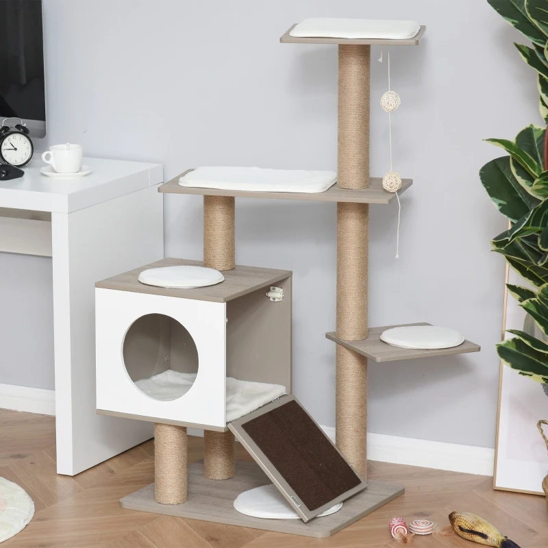 PawHut Cat tree Tower Climbing Activity Center Kitten Furniture with Jute Scratching Post Condo Ramp Perch Cushions Velcro Dangling Balls 60 x 48 x 122 cm Light Grey