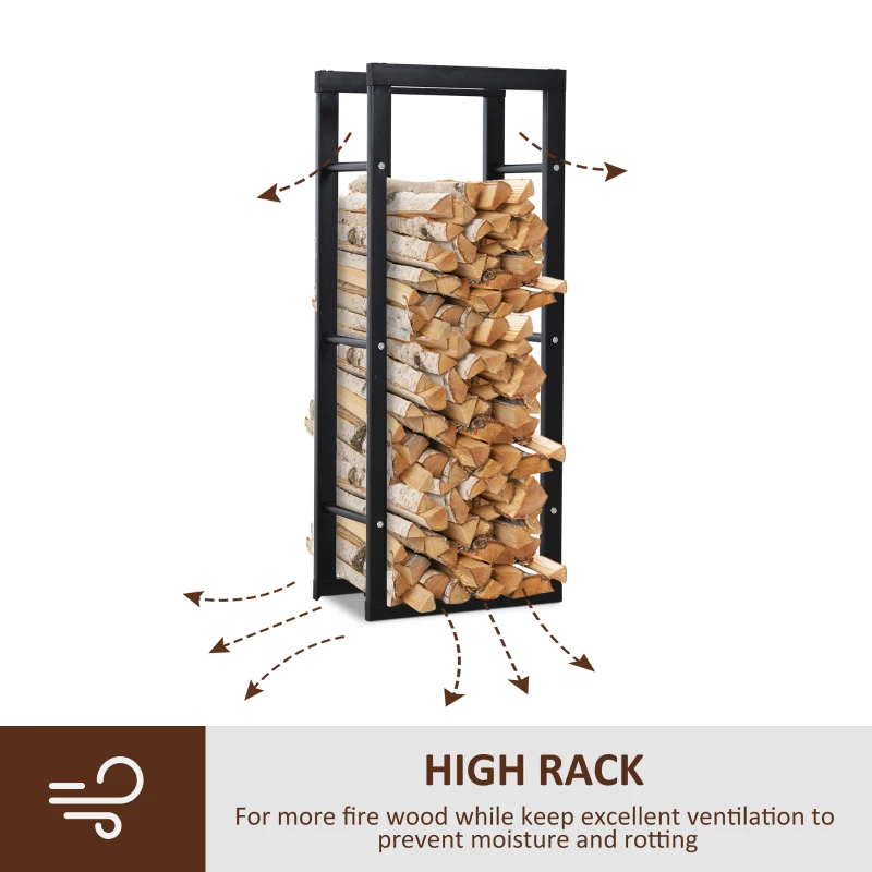 HOMCOM Metal Firewood Log Holder Tall Firewood Rack Indoor Outdoor Fireplace Wood Storage Shelf with Side Rails, Rust-Resistant, Black, 40W x 25D x 100H cm