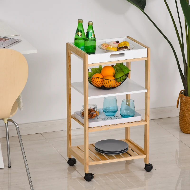 HOMCOM 4-Tier Moving Trolley Cart MDF Wood Blend w/ Tray Shelves 4 Universal Wheels Home Kitchen Office Storage Island Unit White Brown