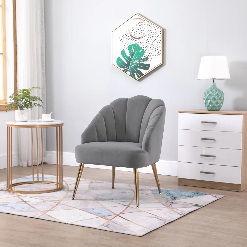 HOMCOM Modern Petal Back Accent Chair, Single Leisure Armchair with Thick Sponge Padding Metal Legs for Living Room, Bedroom, Office, Dark Grey and Gold