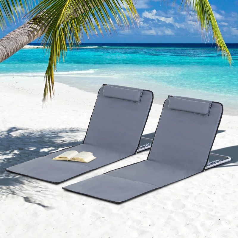 Outsunny 2 Pieces Outdoor Lounger Beach Mat Patio Steel Reclining Chair Set w/ Pillow Sunbath Grey