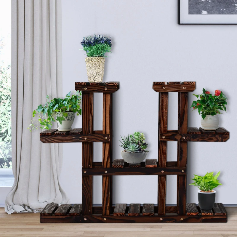 Outsunny Wooden 4-Tier Plant Stand Vertical Carbonized Flower Rack Outdoor Garden Shelf