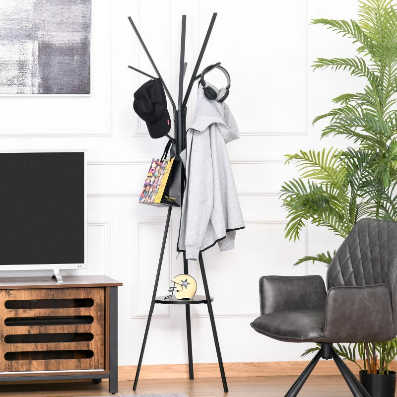 HOMCOM 180cm Free Standing Metal Coat Rack Stand 9 Hooks Clothes Tree with 1 Shelf Hat Display Hall Tree Hanger Bag Umbrella Hanging Organiser for Hallway Bedroom Waiting Room Living Room (Black)