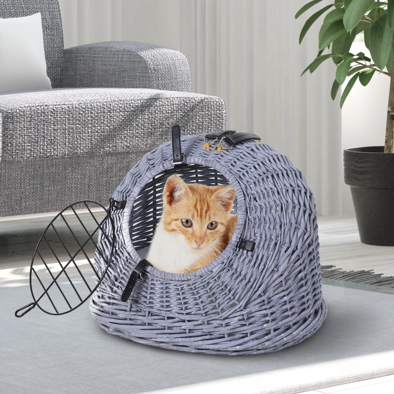 PawHut Wicker Pet Carrier Basket Cat Kitten Bed Portable Travel Cage  w/ Soft Cushion Handle  Grey 50 x 40 x 40 cm
