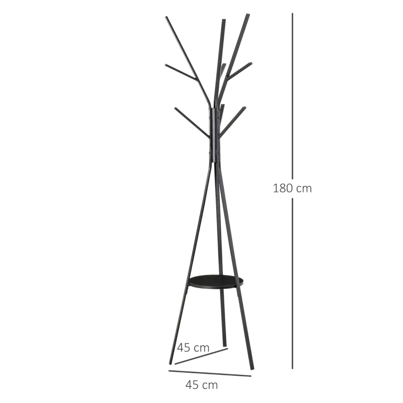 HOMCOM 180cm Free Standing Metal Coat Rack Stand 9 Hooks Clothes Tree with 1 Shelf Hat Display Hall Tree Hanger Bag Umbrella Hanging Organiser for Hallway Bedroom Waiting Room Living Room (Black)