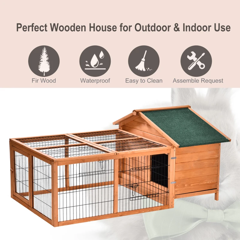 PawHut Wooden Rabbit Guinea Pig Hutch Detachable Pet House Animal Cage with Openable Run & Roof Lockable Door Slide-out Tray 146 x 95 x 69cm