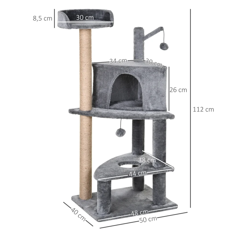 PawHut Cat Tree Condo Tower Multi-level Height 112cm Kittens Activity Stand House with Toys & Various Scratching Posts