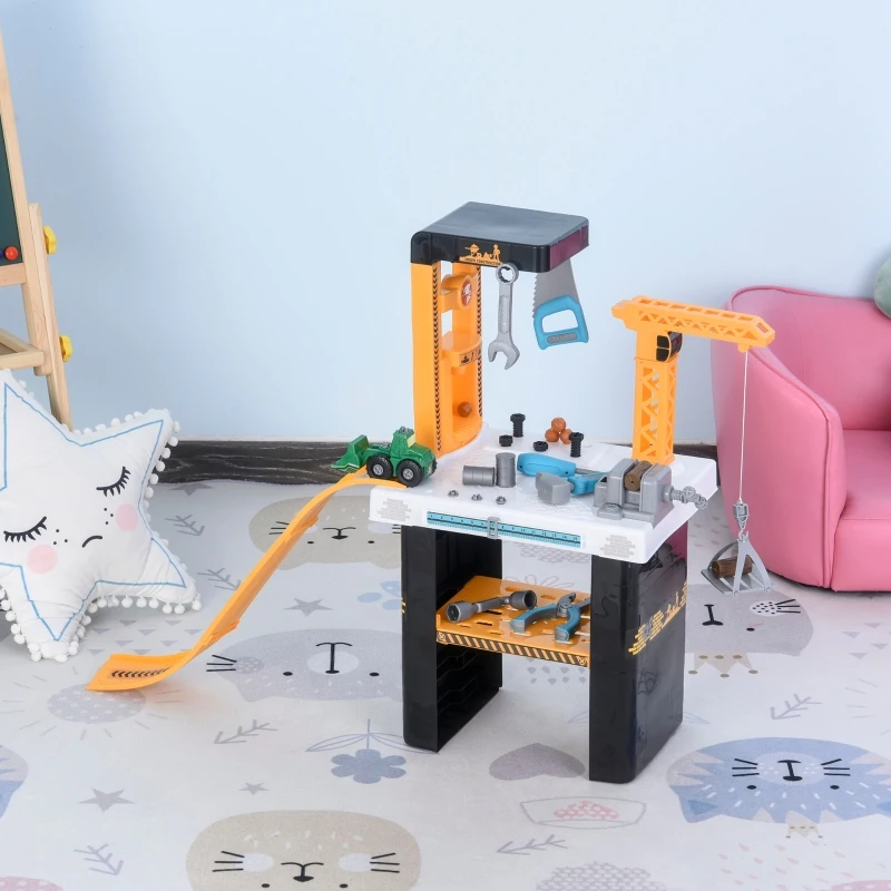 HOMCOM Qaba 54 PCS Tool Workshop Kids Tool Set Workbench and Construction Toy for 3+ Year Old With Slide Real Working Crane Fixture Table Portable Pretend Play