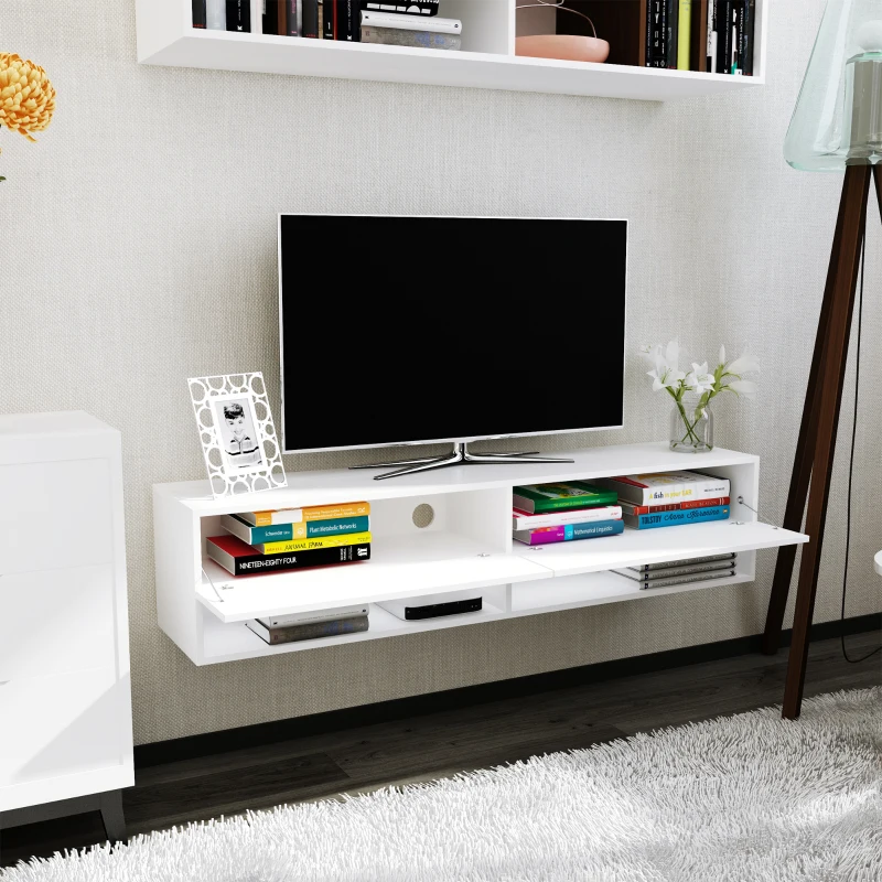 HOMCOM Floating 60'' TV Stand Wall Mounted Media Console Table Cabinet with 4 Storage Shelves Cable Management System White