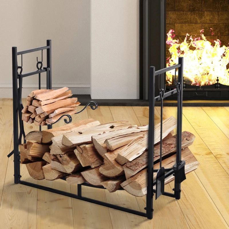 Outsunny Firewood Stand Log Rack Holder 84cm with 4-PC Fireplace Tools Set, Indoor Outdoor, Metal, Black