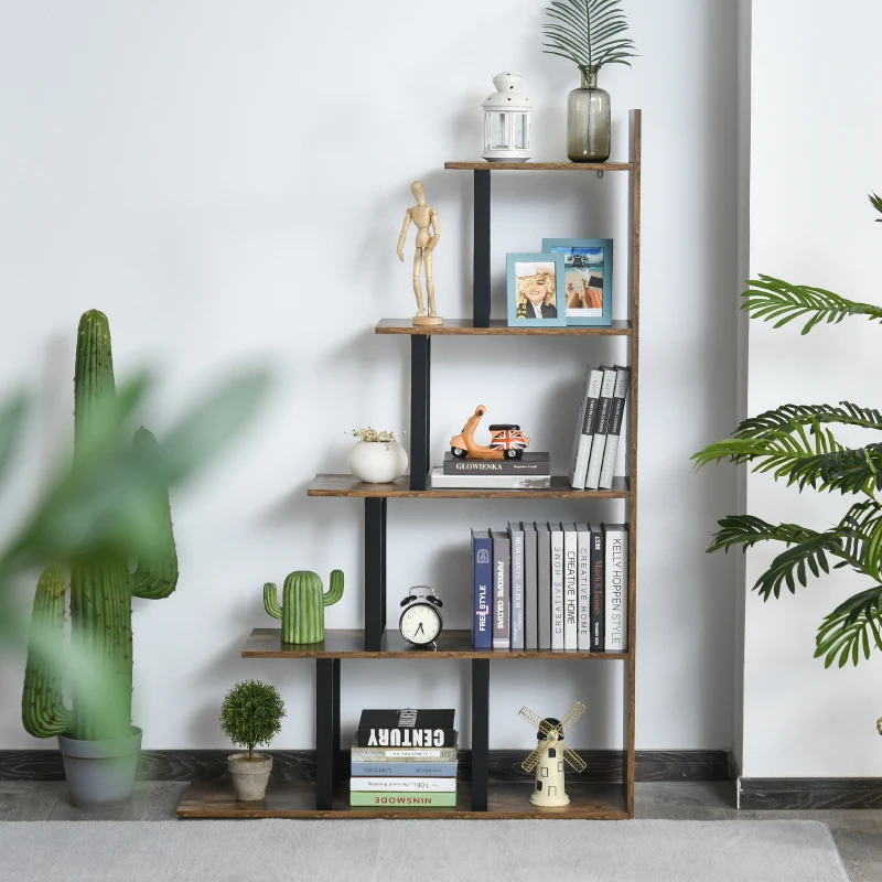 HOMCOM Industrial Style Wooden 5-Tier Ladder Bookcase Indoor Corner Shelf  for Livingroom, Office - Rusty Brown