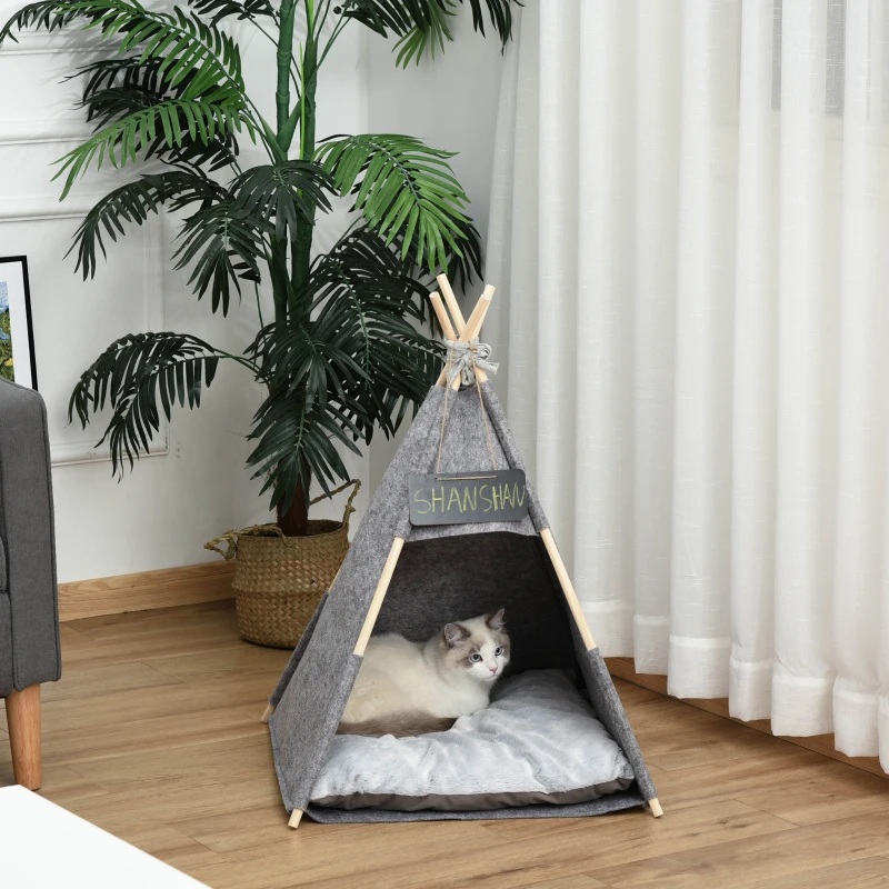 PawHut Pet Teepee Tent Cat Bed Dog House with Thick Cushion Chalkboard for Kitten and Puppy 80cm Grey