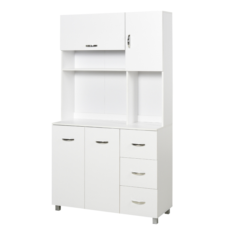 HOMCOM Freestanding Kitchen Storage Unit w/ Cupboard Cabinets Open Compartments Drawers Metal Handles Side Shelf Server Home Organisation Furniture White