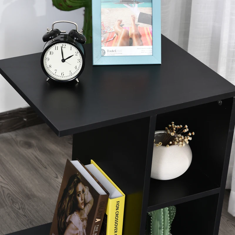 HOMCOM C-Shape End Table Unique Storage Unit w/ 2 Shelves 4 Wheels Freestanding Home Furniture Cabinet Square Black