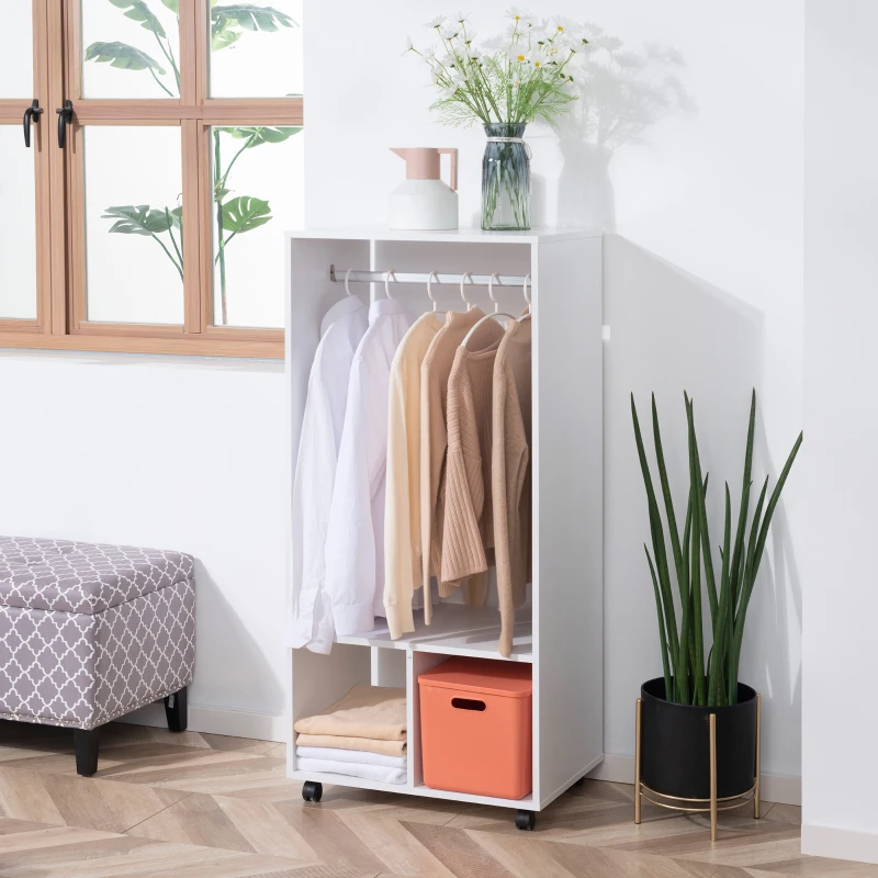 HOMCOM Open Wardrobe with Hanging Rod and Storage Shelves Mobile Garment Rack on Wheels Bedroom, Cloakroom, White