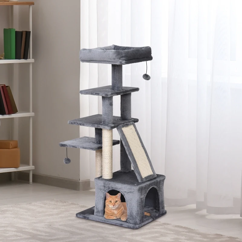 PawHut 110cm Mult-level Cat Tree Scratcher Kittiy Condo Activity Center with Perches,3 Jumping Platforms,Ladder, Hanging Toy
