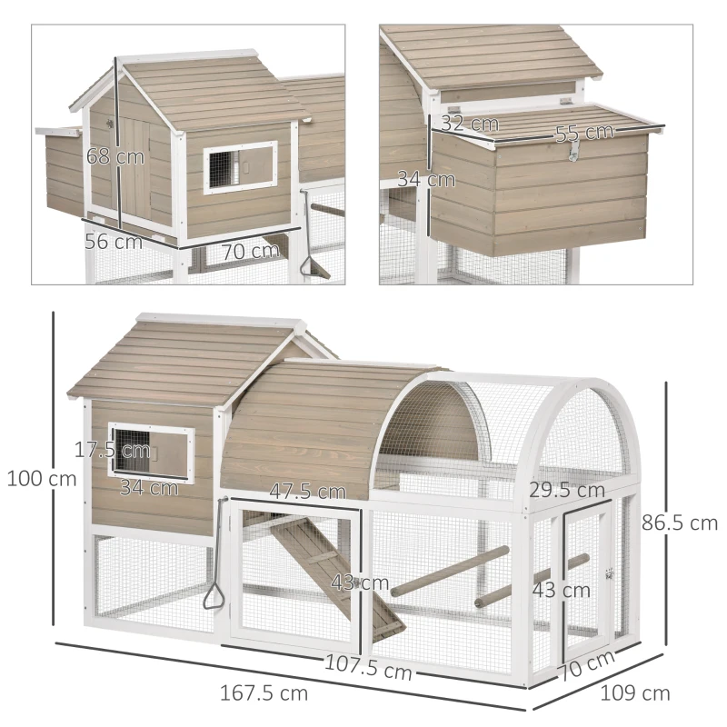 PawHut Wooden Chicken Coop Outdoor Hen House Poultry Cage with Removable Tray Nesting Box Backyard, 167.5 x 109 x 100cm, Grey