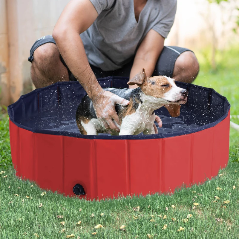 PawHut Foldable Dog Paddling Pool Pet Cat Swimming Pool Indoor/ Outdoor Collapsible Summer Bathing Tub Shower Tub Puppy Washer, Φ 100 x 30H cm, Red