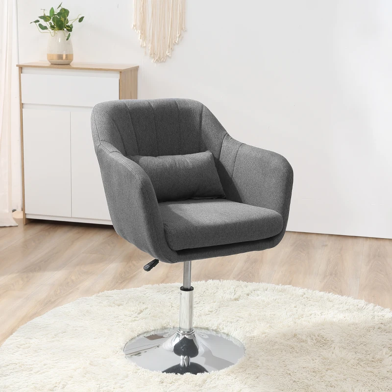 HOMCOM Grey Swivel Chair, w/Metal BaseModern Swivel Linen Sofachair Midback w/Lumbar Support for Bedroom Office