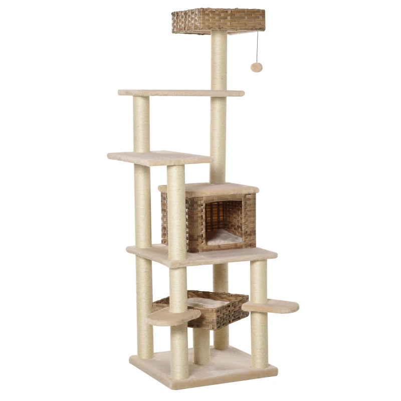 PawHut Cat tree Tower 174cm Climbing Activity Center Kitten with Sisal Scratching Post Condo Perch Hanging Balls Toy Cushion PE Rattan