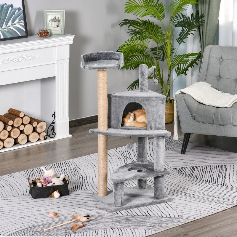 PawHut Cat Tree Condo Tower Multi-level Height 112cm Kittens Activity Stand House with Toys & Various Scratching Posts