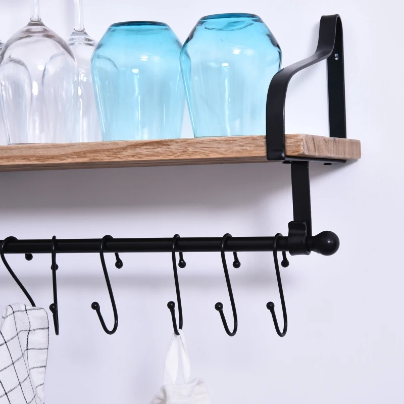 HOMCOM 21x48cm On-Wall Shelf & Rail 8 Hook Unit Metal Frame Wood Board Storage Display Organisation Home Bedroom Hallway Furniture Water-Resistant Natural Finish