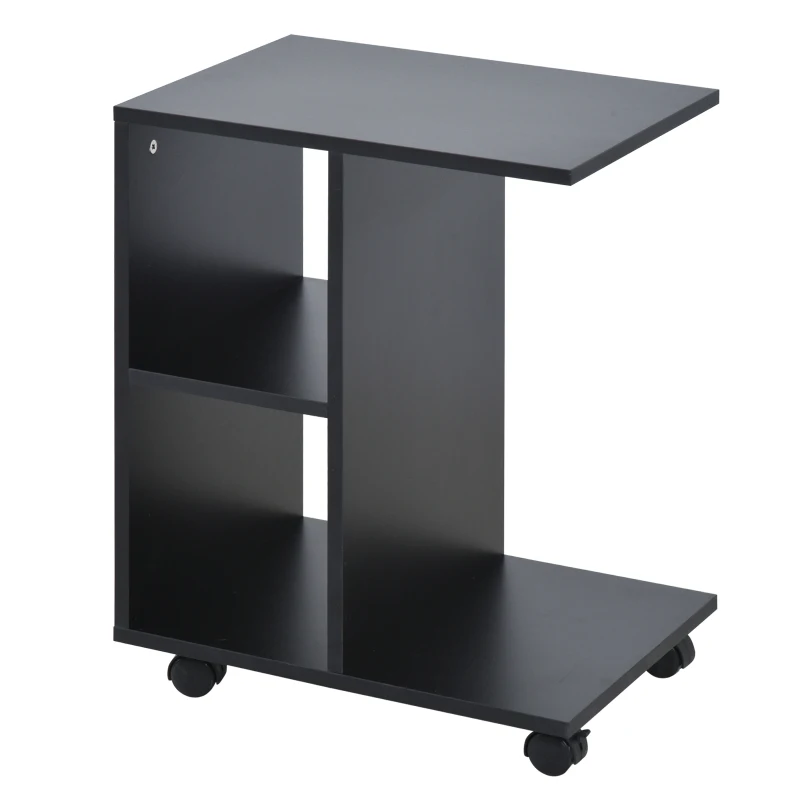 HOMCOM C-Shape End Table Unique Storage Unit w/ 2 Shelves 4 Wheels Freestanding Home Furniture Cabinet Square Black