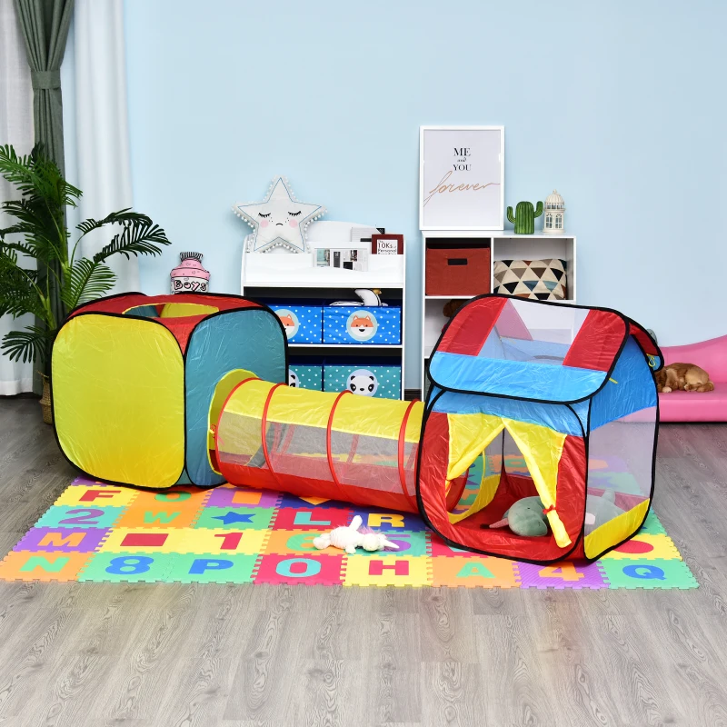HOMCOM 3 in 1 Pop Up House Tent Play Tunnel Set Toddlers Crawl Tunnel Kids Playhouse Indoor Outdoor Garden Use Multicolor 230 x 70 x 89 cm